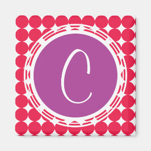 Imán Monograma de puntos de polka morado y rojo