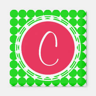 Imán Monograma de puntos de polka rojo y verde