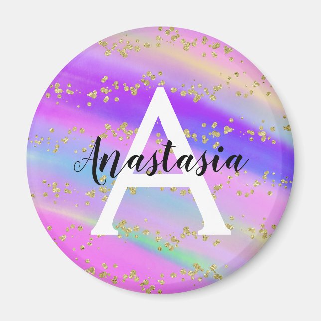 Imán Monograma de Purpurina de oro del arcoiris de Unic (Frente)