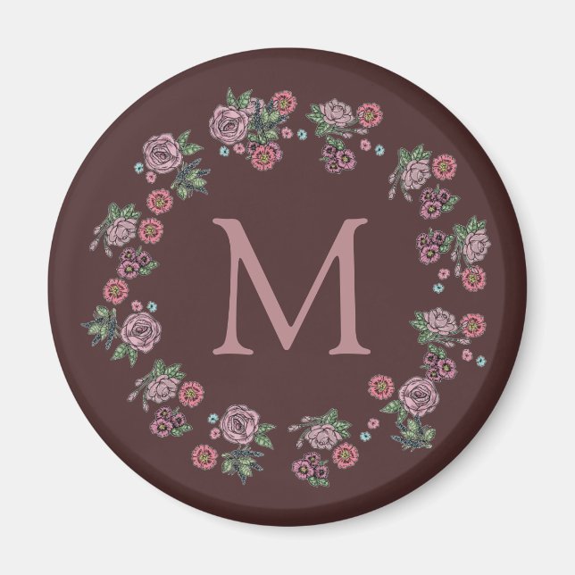 Imán Monograma de rosales rosadas de bonito (Frente)