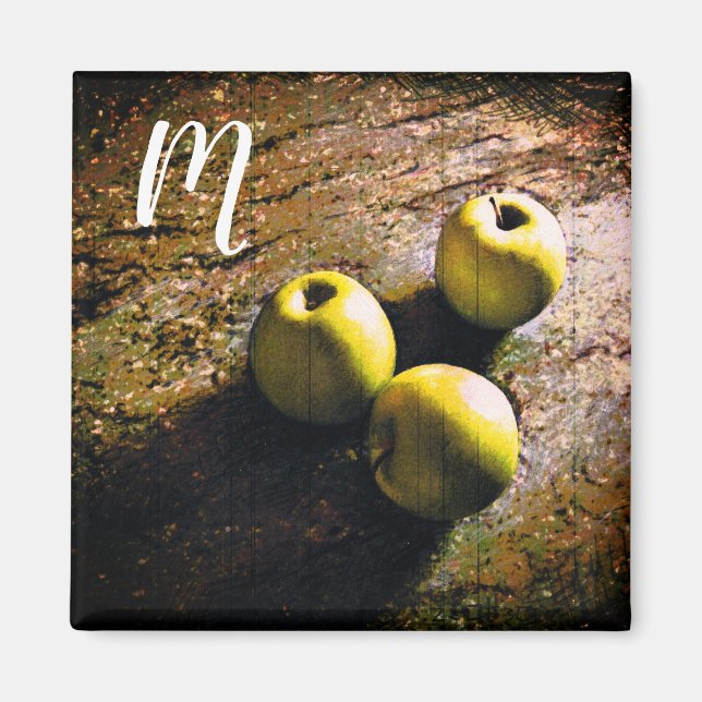 Imán Monograma de tres manzanas verdes (Frente)