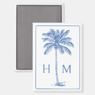 Imán Monograma del árbol de palmetto azul y blanco