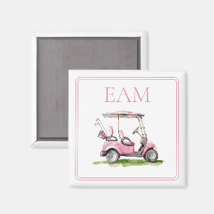 Imán Monograma del carrito de golf rosa preppy