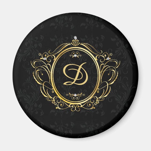 Imán Monograma del marco de la cosecha dorada con respa (Frente)