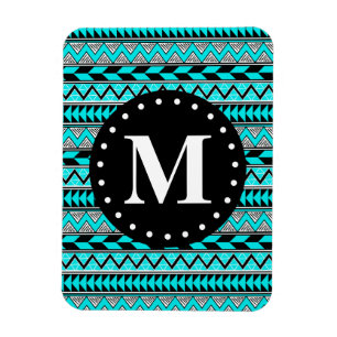 Imán Monograma del patrón Aqua Blue Tribal Chevron