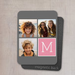 Imán Monograma del Personalizado de Collage de fotos de<br><div class="desc">Moderno Pastel Rosa y Gris - Utiliza 3 fotos cuadradas para crear un regalo único y personal. O puedes mantener al cachorro hipster y hacer un keepsake de moda. Si necesita ajustar las imágenes,  haga clic en la herramienta personalizar para realizar cambios.</div>