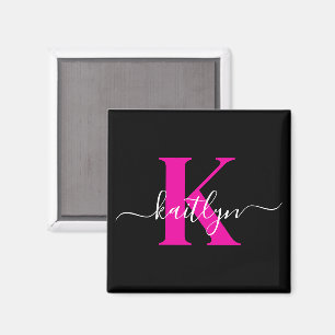 Imán Monograma Elegante de Negro y Rosa Script