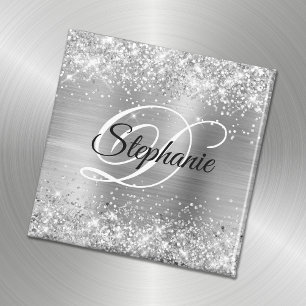 Imán Monograma Elegante de Purpurina de Plata Brillante