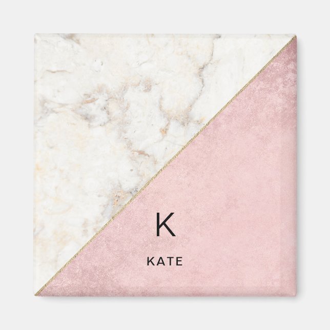 Imán Monograma Elegante Mármol Rosa Minimalista Oro (Frente)
