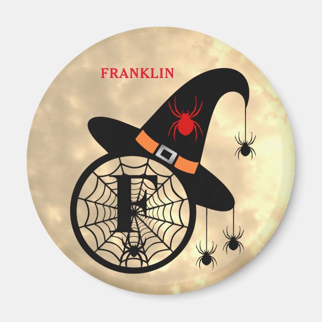 Imán Monograma F Halloween Sky Witch Spider Name (Frente)