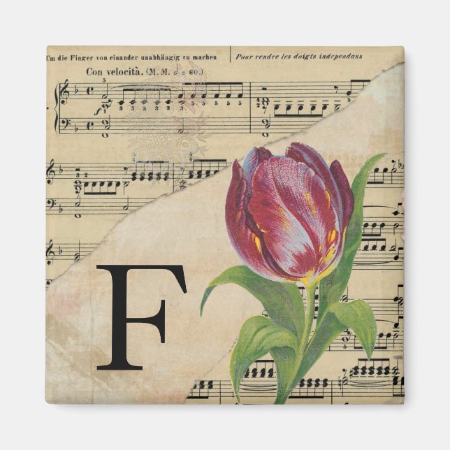 Imán Monograma F inicial de la hoja de tulipán púrpura (Frente)