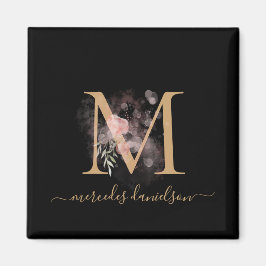Imán Monograma floral con letra script negra y dorada
