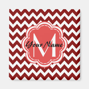 Imán Monograma floral de Chevron Rojo, nombre personali