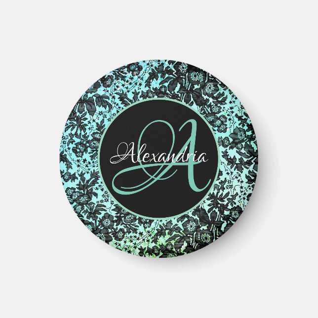 Imán Monograma floral estiloso azul turquesa y negro  (Frente)