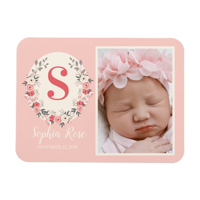 Imán Monograma floral Niña Invitación Rubor Rosa (Horizontal)