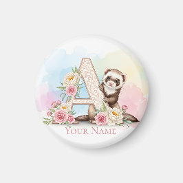 Imán Monograma floral personalizado 'A' con hurón lindo