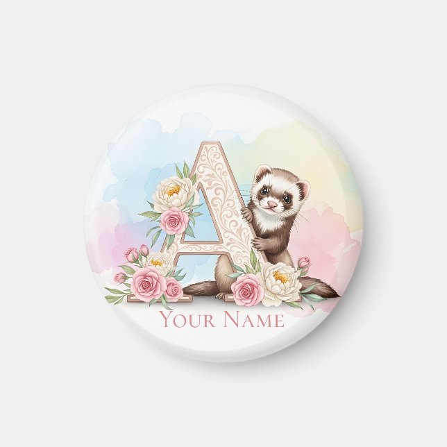 Imán Monograma floral personalizado 'A' con hurón lindo (Frente)