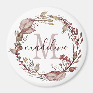 Imán Monograma floral personalizado Foliage rojo otoña