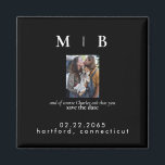 Imán Monograma fotográfico mascota Negro Guardar Boda d<br><div class="desc">Simple y brillante negro con monograma negro Guardar la fecha. Boda. Nombres primero y último. Pareja con foto mascota. Mascota incluido en la invitación. Imán.</div>