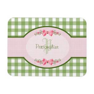 Imán Monograma Girly Green Gingham Con Nombre