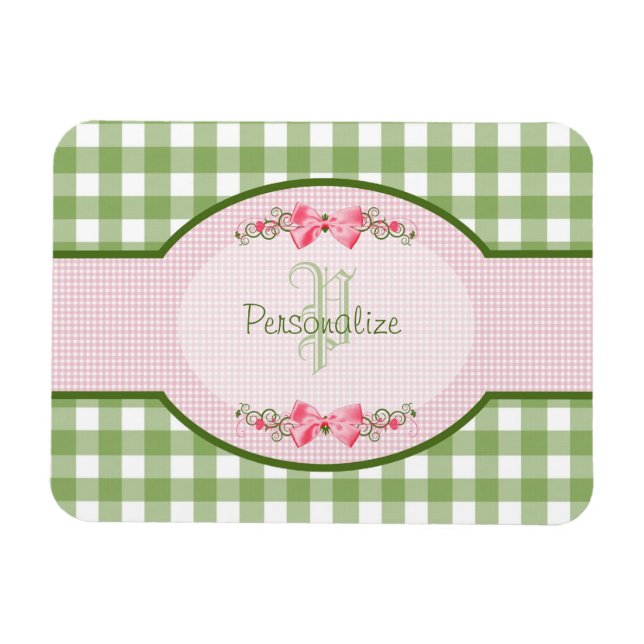 Imán Monograma Girly Green Gingham Con Nombre (Horizontal)