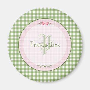 Imán Monograma Girly Green Gingham Con Nombre
