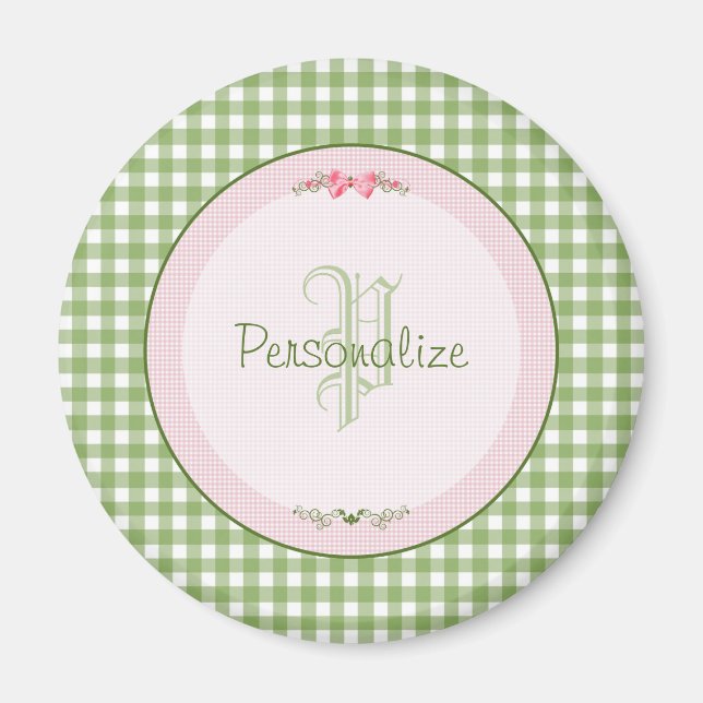 Imán Monograma Girly Green Gingham Con Nombre (Frente)