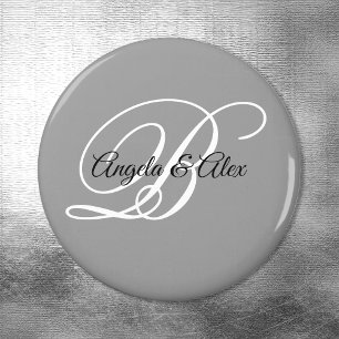 Imán Monograma gris de escritura elegante en blanco y n