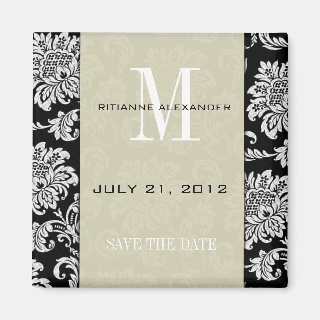 Imán Monograma Gris Negro Damask Save The Date (Frente)