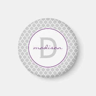 Imán Monograma gris y púrpura de Quatrefoil