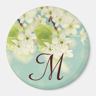 Imán Monograma inicial de flor de cerezo blanco