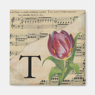 Imán Monograma inicial de música de hojas de tulipán pú