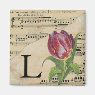 Imán Monograma inicial L de la hoja de tulipán púrpura