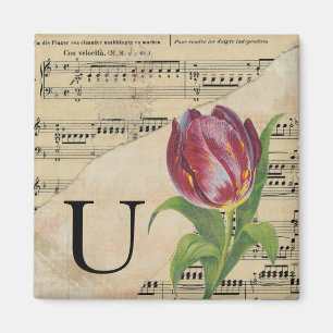Imán Monograma inicial U de la hoja de tulipán púrpura