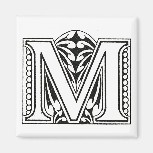 Imán Monograma M, letra M, alfabeto M, negro y blanco (Frente)