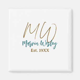 Imán Monograma marrón azul turquesa año est.simple mini