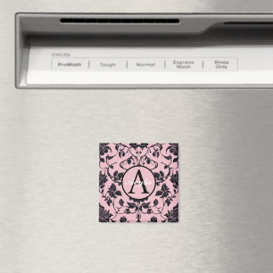 Imán Monograma moderno de Damasco de Rosa rosa y negro