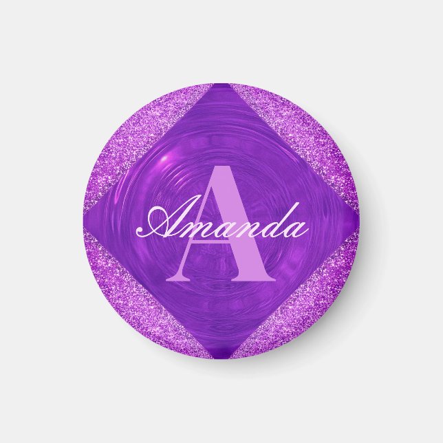Imán Monograma moderno de Purpurina morado Girly (Frente)