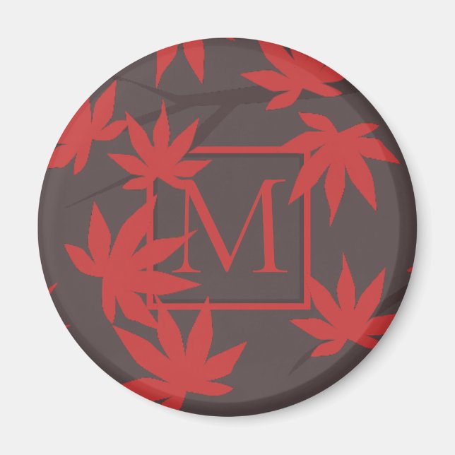 Imán Monograma Moderno Hoja de Arce Roja Gris (Frente)