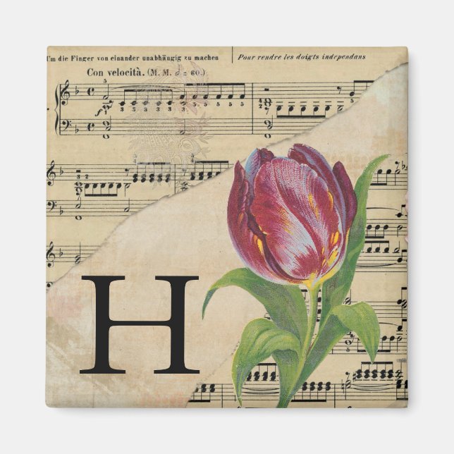 Imán Monograma musical inicial de la hoja de tulipán pú (Frente)