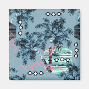 Imán Monograma negro azul de Palm Hawaii personalizado