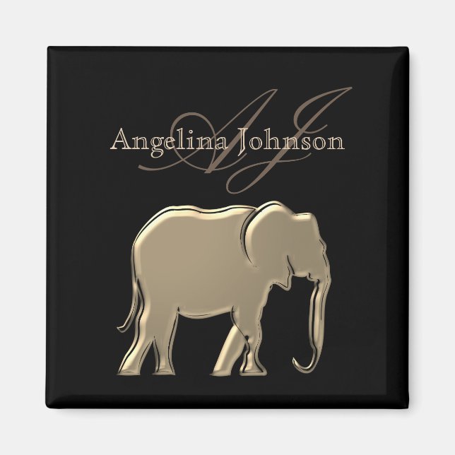 Imán Monograma negro dorado elegante lujoso elefante (Frente)