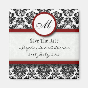Imán Monograma negro y borgoñón Damask Save the Date