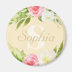 Imán Monograma Nombre Color de agua rosa amarillo Flora