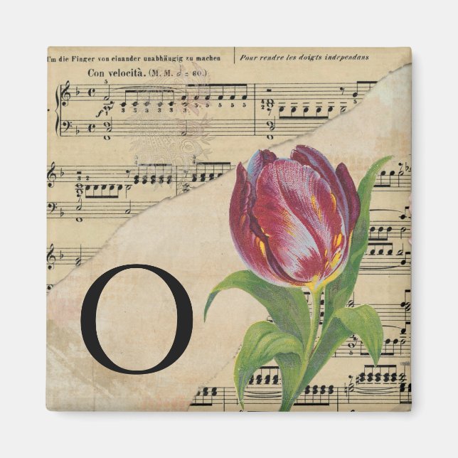 Imán Monograma O inicial de la hoja de tulipán púrpura (Frente)