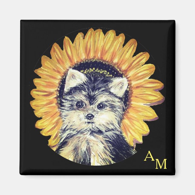 Imán Monograma, perro de Yorkshire y girasol sobre negr (Frente)