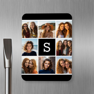 Imán Monograma Personalizado de Collage de fotos blanco