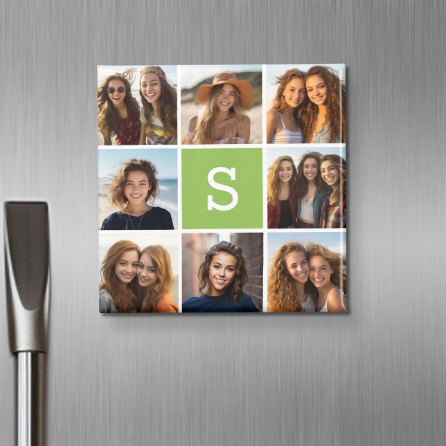 Imán Monograma Personalizado de collage de fotos - Verd (Personalized fridge magnet with photos and custom text)