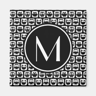 Imán Monograma personalizado de lechuzas negras y blanc