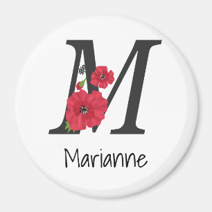 Imán Monograma personalizado editable M texto flor roja
